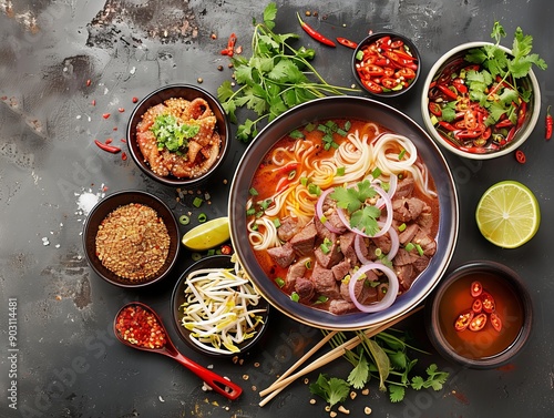 Wallpaper Mural Bun Bo Hue. The most popular Vietnamese dishes. A spicy beef noodle soup from Hue, made with lemongrass, shrimp paste, and various cuts of beef and pork. Torontodigital.ca