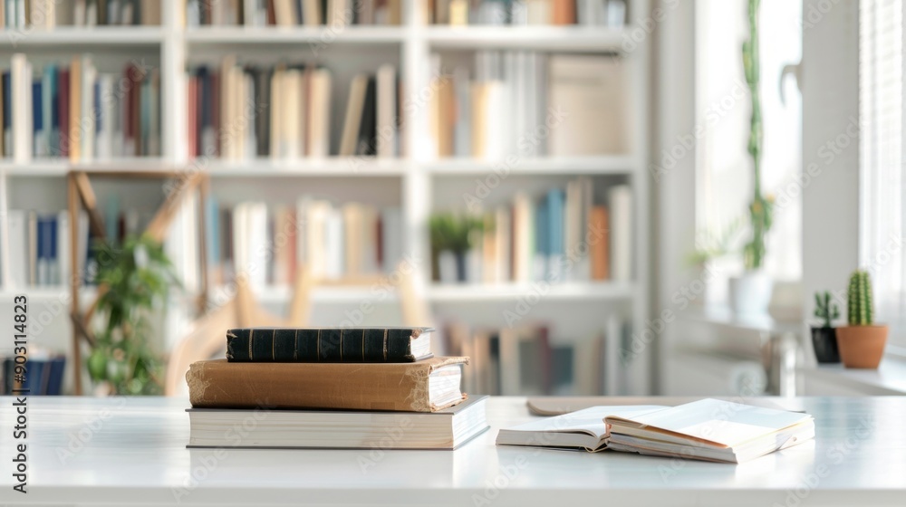 A stack of books on a table in front of a window A stack of books on a table in front of a window