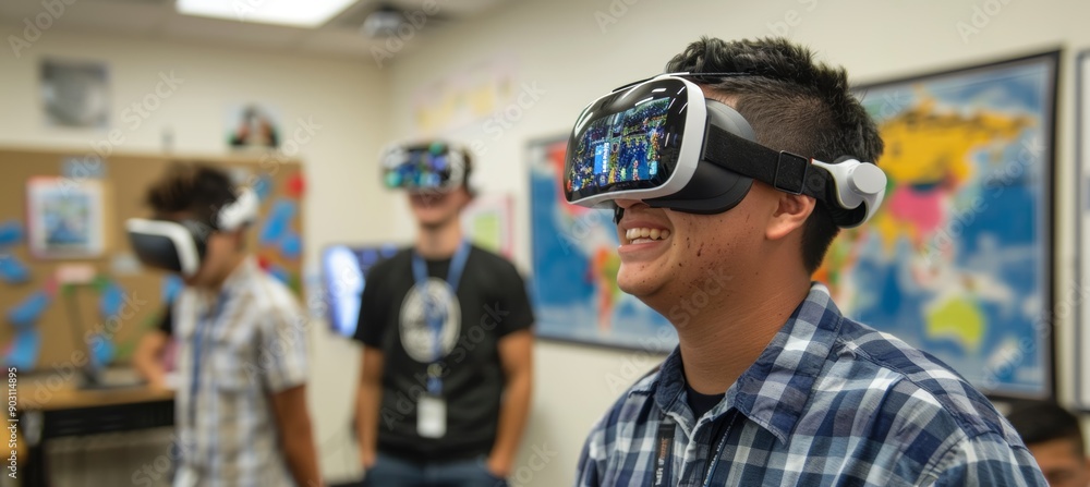 Students Using VR Headsets in Cultural Classroom for Language Immersion Practice Students Using VR Headsets in Cultural Classroom for Language Immersion Practice