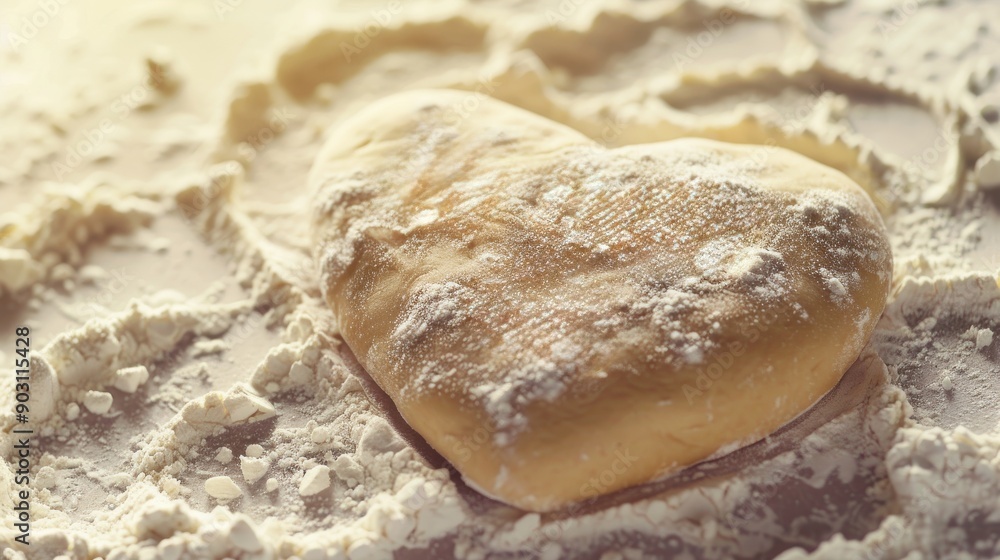 Obraz premium Heart-shaped dough with flour on a wooden surface, close-up. Baking and cooking concept