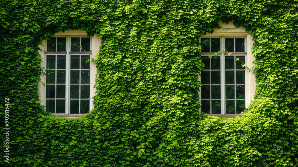 Two windows covered in green ivy on a building wall, nature integration concept Two windows covered in green ivy on a building wall, nature integration concept
