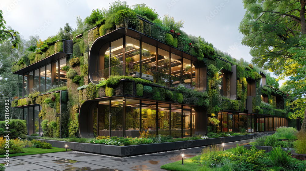 Fototapeta premium Eco-friendly architecture seamlessly integrated with nature, creating a serene and engaging atmosphere of sustainability and harmony.