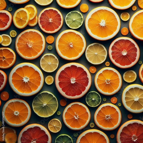 photo pattern of citrus fruits, slice oranges, lemons, limes, grapefruits, macro photo