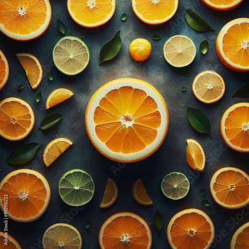 photo pattern of citrus fruits, slice oranges, lemons, limes, macro photo