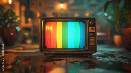Vintage television with color bars in cozy room, nostalgic atmosphere