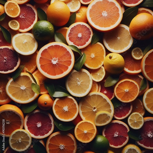 photo pattern of citrus fruits, slice oranges, lemons, limes, grapefruits, macro photo