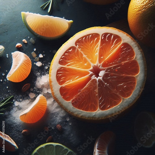 a slice of orange on the black table, macro photo