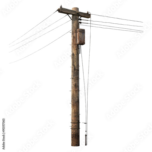 A detailed image of an old wooden electric pole with wires showcasing rustic features and utility in a rural setting.