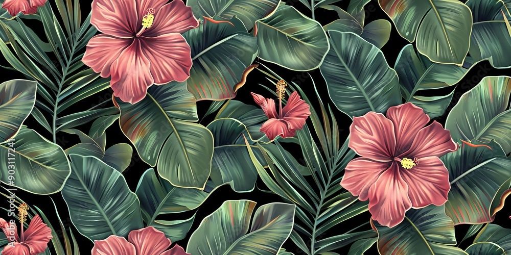 custom made wallpaper toronto digitalTropical seamless pattern with hibiscus flowers, beautiful palm, banana leaves. Hand-drawn vintage 3D illustration. Glamorous exotic abstract background art. Good for luxury wallpapers, Generative AI