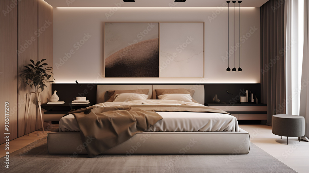 Minimalist Bedroom with Low-Profile Bed and Neutral Bedding Minimalist Bedroom with Low-Profile Bed and Neutral Bedding