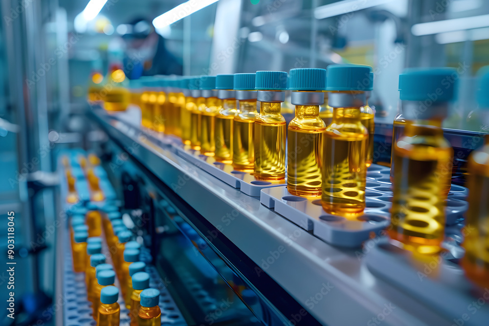 Technical drug manufacturing process analyzes vials on production line, blue and yellow Technical drug manufacturing process analyzes vials on production line, blue and yellow