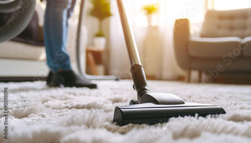 Wallpaper Mural A carpet cleaning professional using the vacuum cleaner to clean the dirty beige plush floor in the living room at home Torontodigital.ca