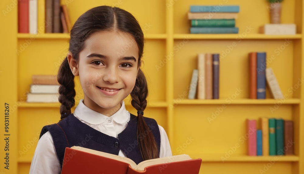 A cheerful turkish schoolgirl with braids and a white shirt holds a large book, set against a bright yellow backdrop A cheerful turkish schoolgirl with braids and a white shirt holds a large book, set against a bright yellow backdrop