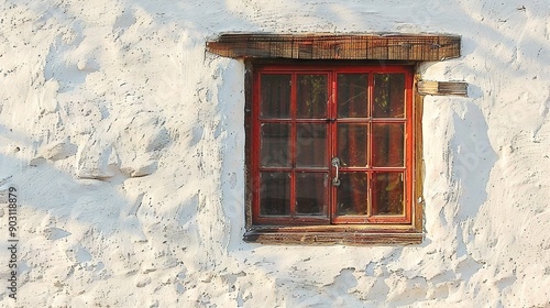   Close-up of white wall with red windowpane and wooden window frame