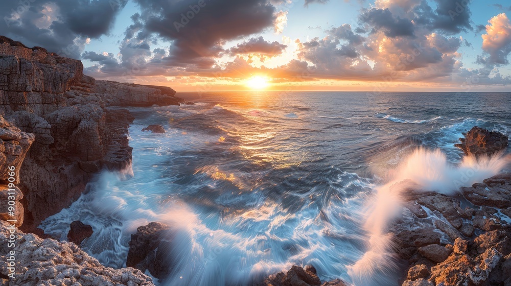 Dramatic coastal cliff with waves crashing against the rocks, sunset scene Dramatic coastal cliff with waves crashing against the rocks, sunset scene