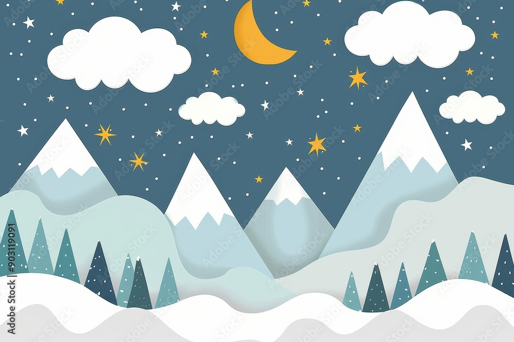 hand drawn modern mountain landscape with stars, clouds and moon. Cute children's 3d wallpaper in scandinavian style. Children's room design, Generative AI hand drawn modern mountain landscape with stars, clouds and moon. Cute children's 3d wallpaper in scandinavian style. Children's room design, Generative AI