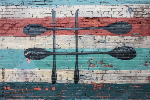 Colorful Paddle Graffiti on Vintage Brick Wall with Peeling Paint in Urban Setting photo