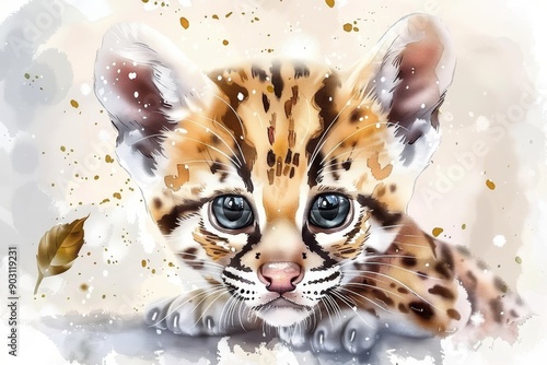 adorable, cute, funny, soft wild baby ocelot in watercolor with big eyes, Generative AI photo