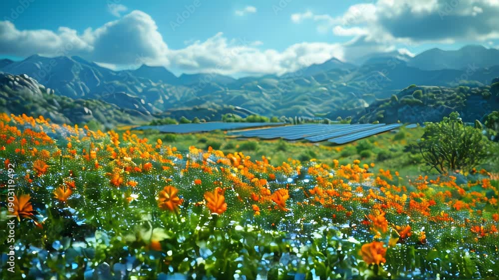 Solar panels in a green field under a vibrant blue sky with the setting sun Solar panels in a green field under a vibrant blue sky with the setting sun