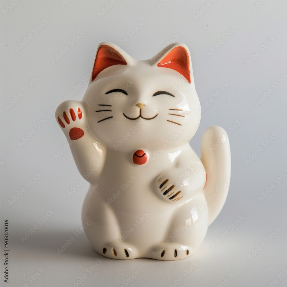Medium shot of maneki-neko, isolated on a white background, bright and vivid tonality Medium shot of maneki-neko, isolated on a white background, bright and vivid tonality