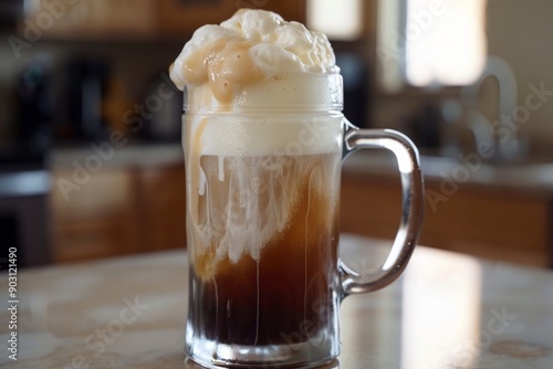 Close-Up of Foamy Root Beer Mug on a Kitchen Table in a Cozy Home Interior at Noon photo