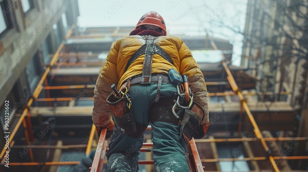 The Construction Worker: A lone worker ascends a scaffolding, his silhouette disappearing into the misty cityscape. This powerful image evokes the grit and determination of construction workers The Construction Worker: A lone worker ascends a scaffolding, his silhouette disappearing into the misty cityscape. This powerful image evokes the grit and determination of construction workers