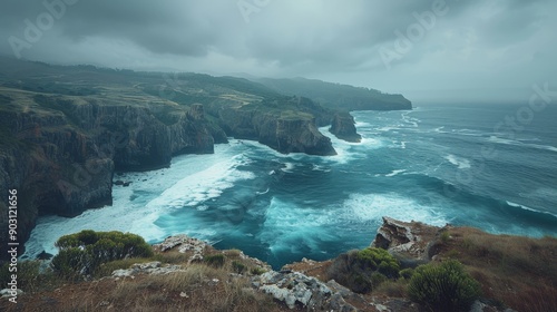 Dramatic coastal landscape with cliffs and crashing waves, rugged and scenic