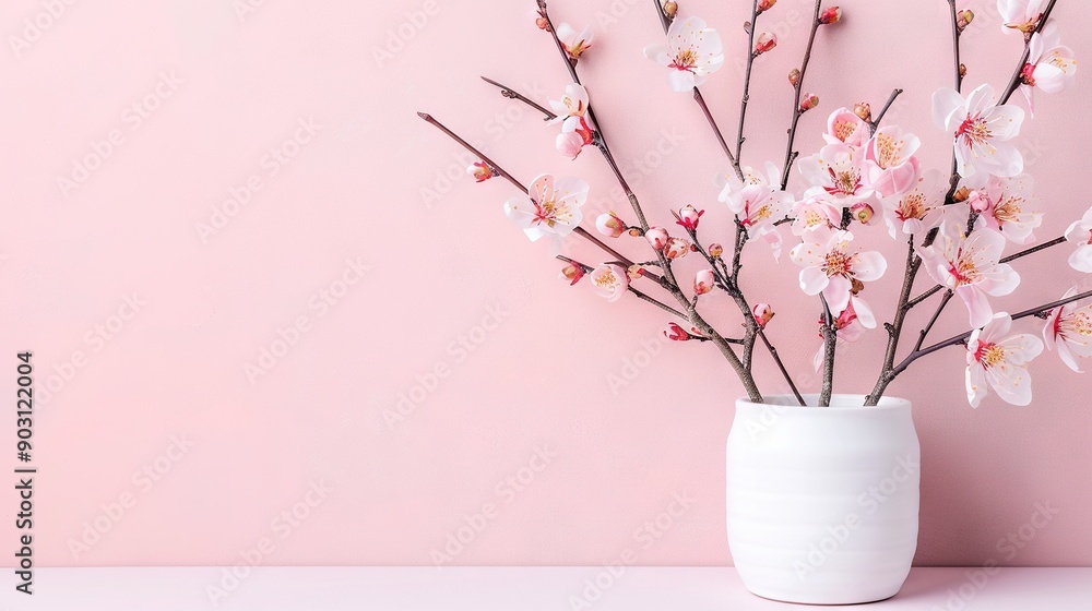 A white vase with pink flowers sits atop a white table beside a pink wall A white vase with pink flowers sits atop a white table beside a pink wall