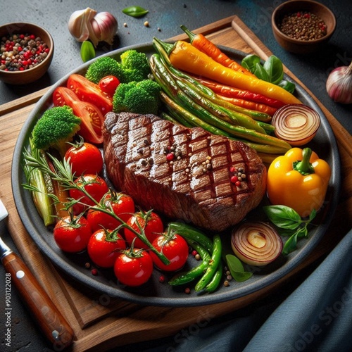 Filé carne bovina, assado, na tabua de ferro estilo chapa, com temperos, cenoura, tomate, tudo assado. photo