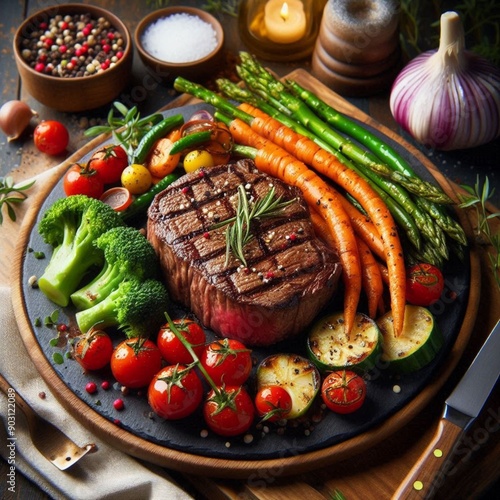 Filé carne bovina, assado, na tabua de ferro estilo chapa, com temperos, cenoura, tomate, tudo assado. photo