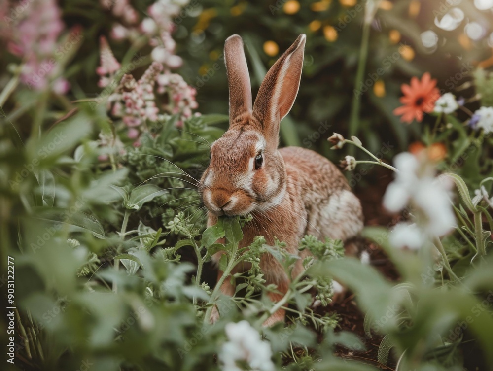 A brown rabbit nibbles on green leaves in a garden. AI. A brown rabbit nibbles on green leaves in a garden. AI.