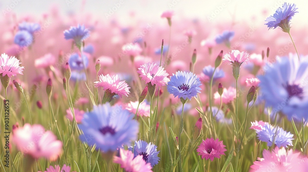 A field of purple and pink flowers, with a blue centerpiece comprising one flower in the middle A field of purple and pink flowers, with a blue centerpiece comprising one flower in the middle