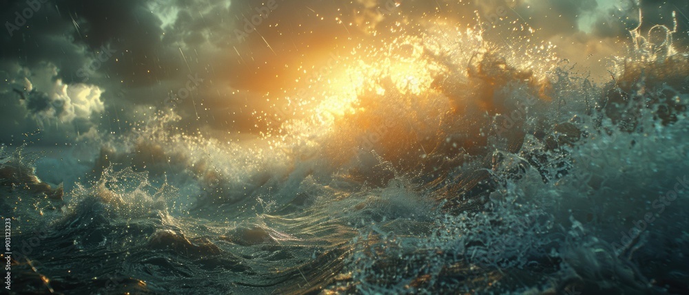Waves crashing under a stormy sky. AI. Waves crashing under a stormy sky. AI.