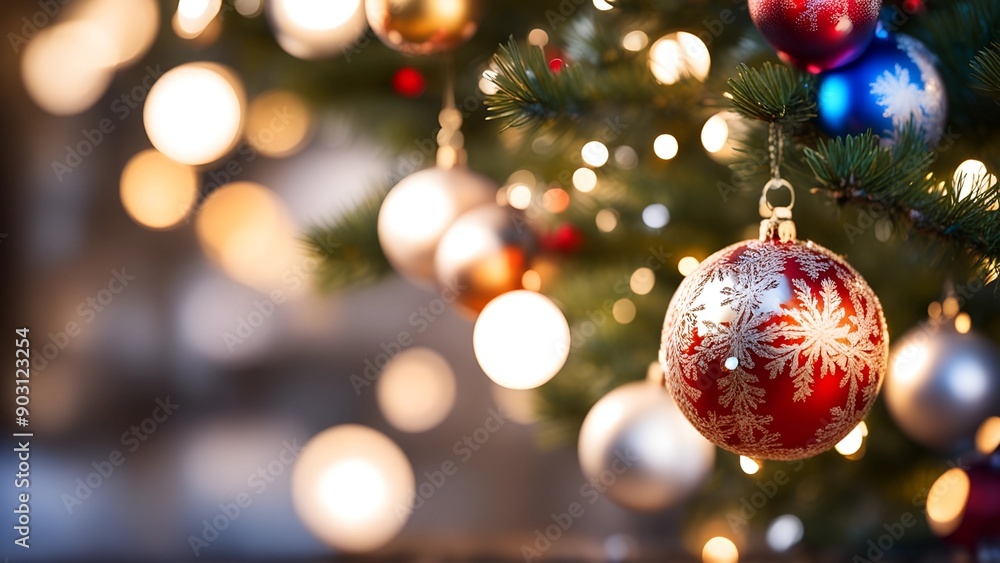 Close-up of a beautifully decorated Christmas tree with a red ornament with delicate white snowflakes hanging in the foreground. Bokeh effect in the background. Close-up of a beautifully decorated Christmas tree with a red ornament with delicate white snowflakes hanging in the foreground. Bokeh effect in the background.