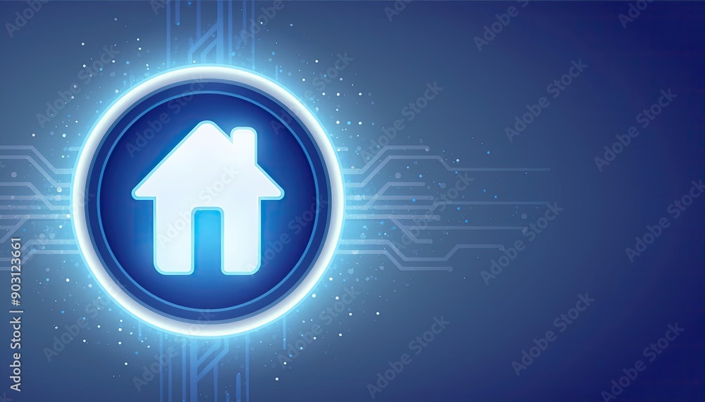 Abstract blue glowing house icon in power button shape, copy space. home and security insurance concept Abstract blue glowing house icon in power button shape, copy space. home and security insurance concept