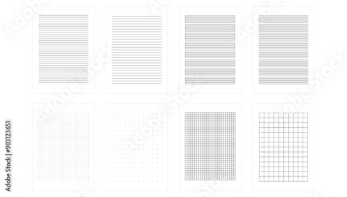 Isolated line paper page, dots and cells notebook pattern, technical blank, square graphic project texture, mockup template copybook, checkered and striped sheet background for school book in transpar