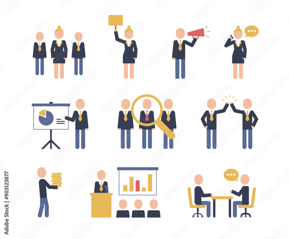 Business people icon pictograms. Leadership training, meeting and corporate career. Modern simple style pictogram concept. Blue color characters set. Simple material design for web and website. Business people icon pictograms. Leadership training, meeting and corporate career. Modern simple style pictogram concept. Blue color characters set. Simple material design for web and website.