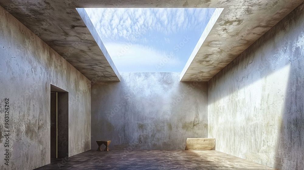 A room features a skylight above it and a bench positioned in its center across from each other A room features a skylight above it and a bench positioned in its center across from each other
