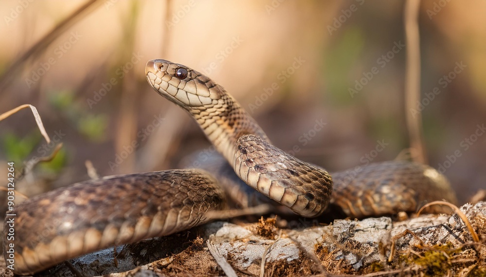 Fototapeta premium Closeup side view of aesculapian snake in wild nature on blurred background on summer day
