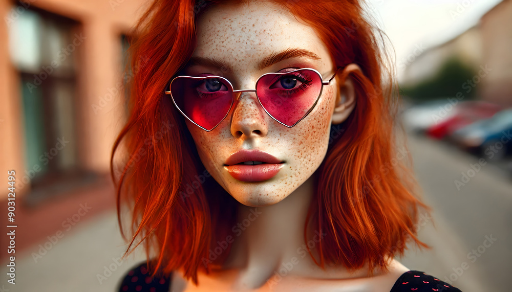 Close-Up Photo Portrait of a Young Woman with Vibrant Red Hair, Freckles, and Heart-Shaped Pink Sunglasses Close-Up Photo Portrait of a Young Woman with Vibrant Red Hair, Freckles, and Heart-Shaped Pink Sunglasses