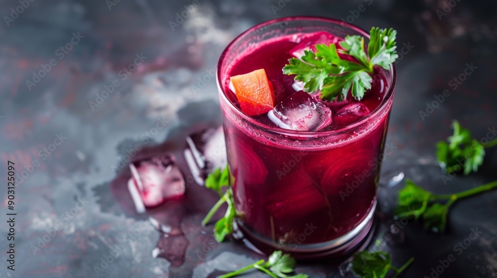 Refreshing Beetroot, Carrot, and Ginger Detox Juice with Ice and Parsley Garnish Refreshing Beetroot, Carrot, and Ginger Detox Juice with Ice and Parsley Garnish