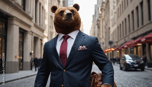 A bear in a suit walks past a wall street building on a cloudy day photo