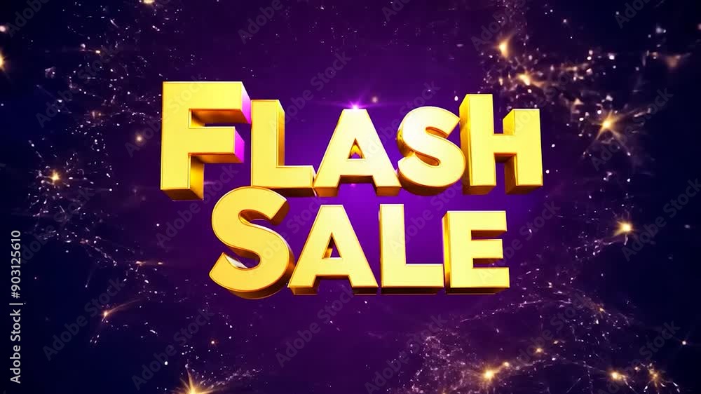 Dynamic animation highlighting a flash sale with glimmering gold text on a vibrant purple background. Sparks and glowing effects create an engaging promotional scene Dynamic animation highlighting a flash sale with glimmering gold text on a vibrant purple background. Sparks and glowing effects create an engaging promotional scene