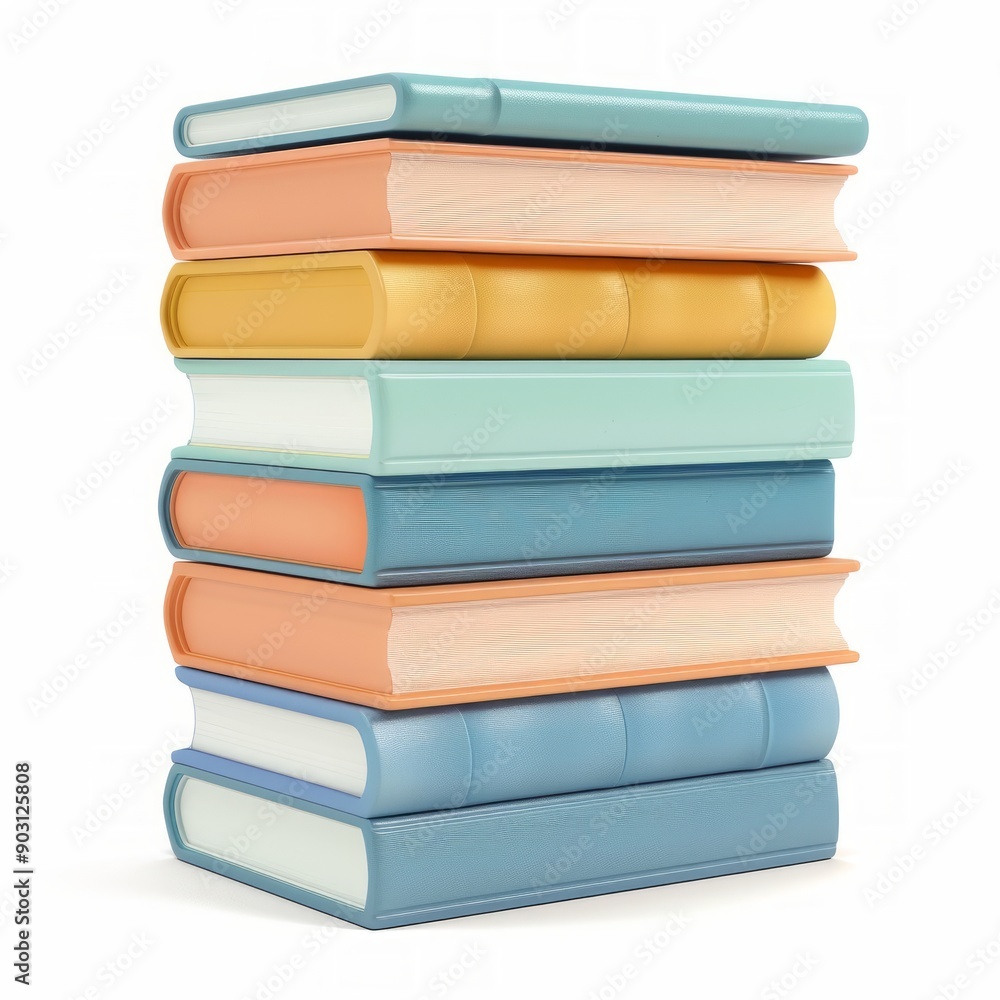 Fototapeta premium Medium shot of solid color book stack, isolated on a white background, bright and vivid tonality 