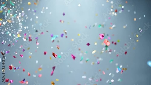 Colorful confetti falls against a blue background, creating a festive atmosphere with shimmering particles. Perfect for celebrations, parties, and events