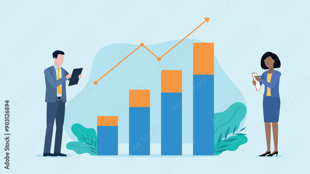 Business people stand by a bar graph. The man is holding a tablet and the woman is taking notes. The graph shows growth. Above the graph is a development and profit arrow. Flat design vector. Business people stand by a bar graph. The man is holding a tablet and the woman is taking notes. The graph shows growth. Above the graph is a development and profit arrow. Flat design vector.