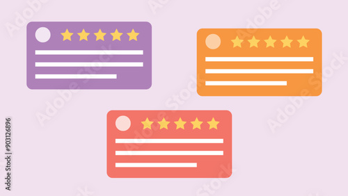 Business cards and customer reviews. Five-star reviews with comments. Different colors of business cards. Flat design vector.