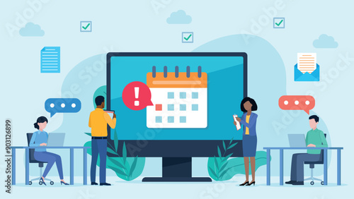 Office workers stand at the screen. On the screen is a calendar with an exclamation mark notification. Around it are icons, email, document, highlights. Flat design vector.