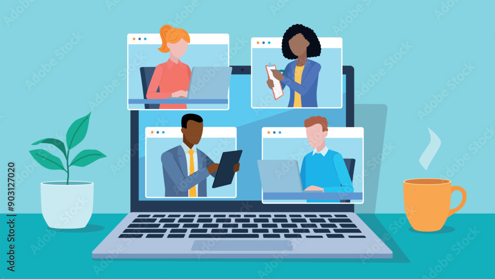 Video conference meeting. laptop screen with office team people on application windows having conversation. People work on laptops, tablets, taking notes. Flat design vector. Video conference meeting. laptop screen with office team people on application windows having conversation. People work on laptops, tablets, taking notes. Flat design vector.