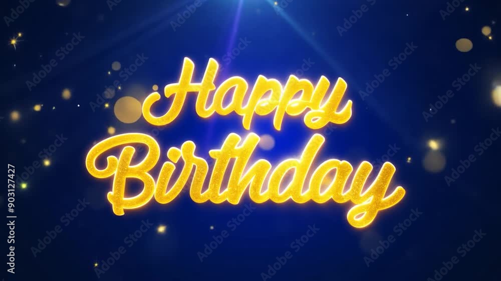 Elegant 'happy birthday' text in glowing golden colors with sparkling particles on a dark background. Perfect for celebrations and special events Elegant 'happy birthday' text in glowing golden colors with sparkling particles on a dark background. Perfect for celebrations and special events